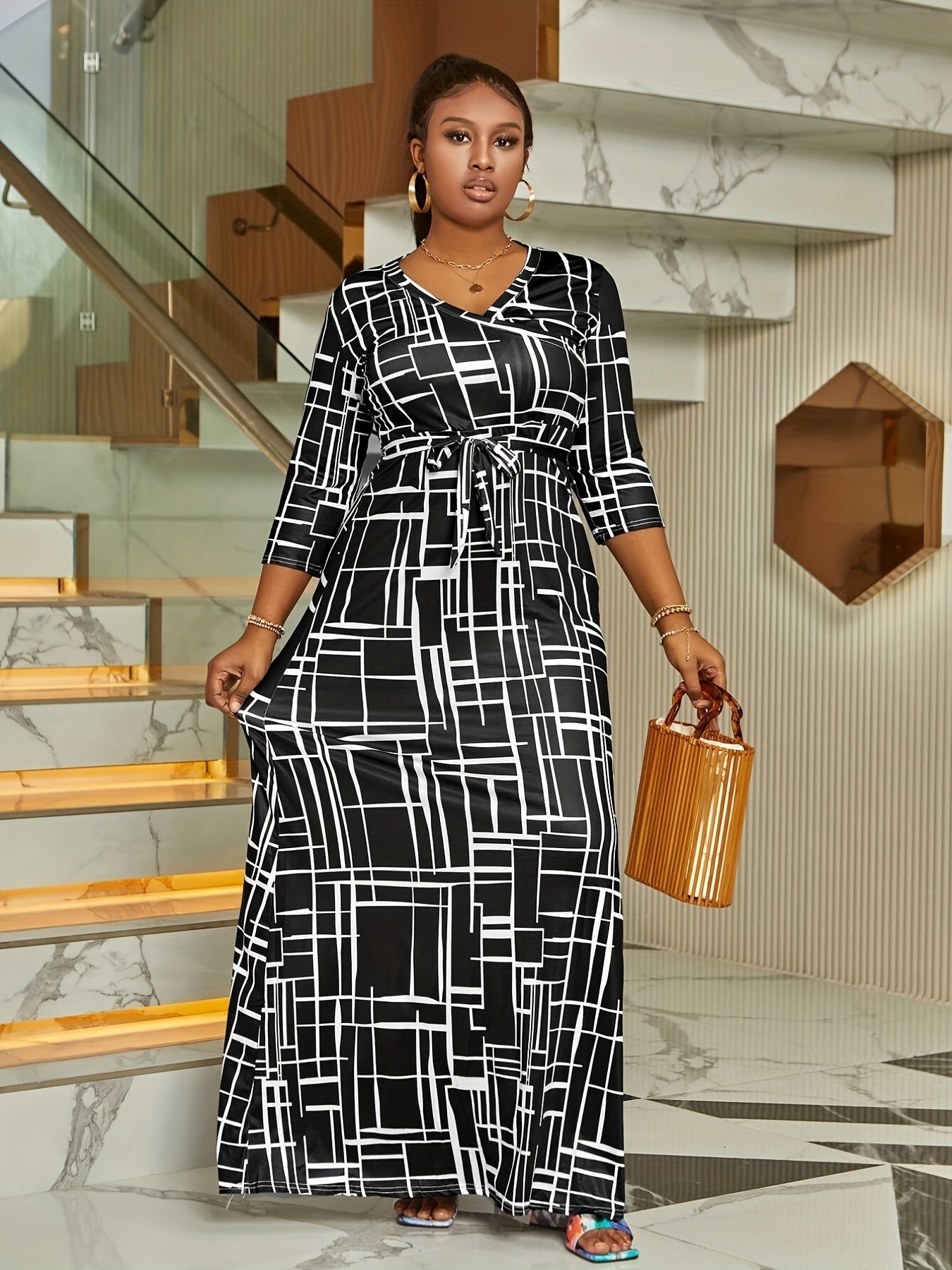  Geometric Print Surplice Neck Maxi Dress