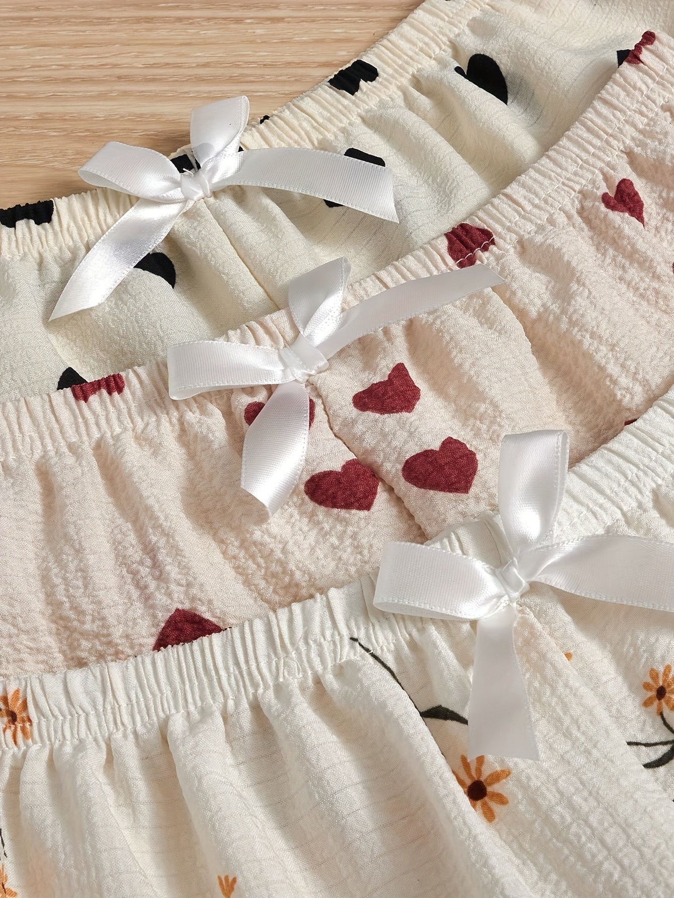 3pcs Heart & Floral Print Sleep Bottoms & Bow Elastic Waistband Shorts