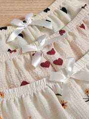 3pcs Heart & Floral Print Sleep Bottoms & Bow Elastic Waistband Shorts