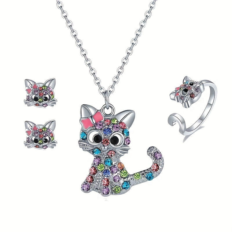 Colorful Rhinestone Cat Jewelry Set - Pendant Necklace & Earrings & Ring