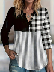  Colorblock Plaid & Stripe Print V Neck Shirt
