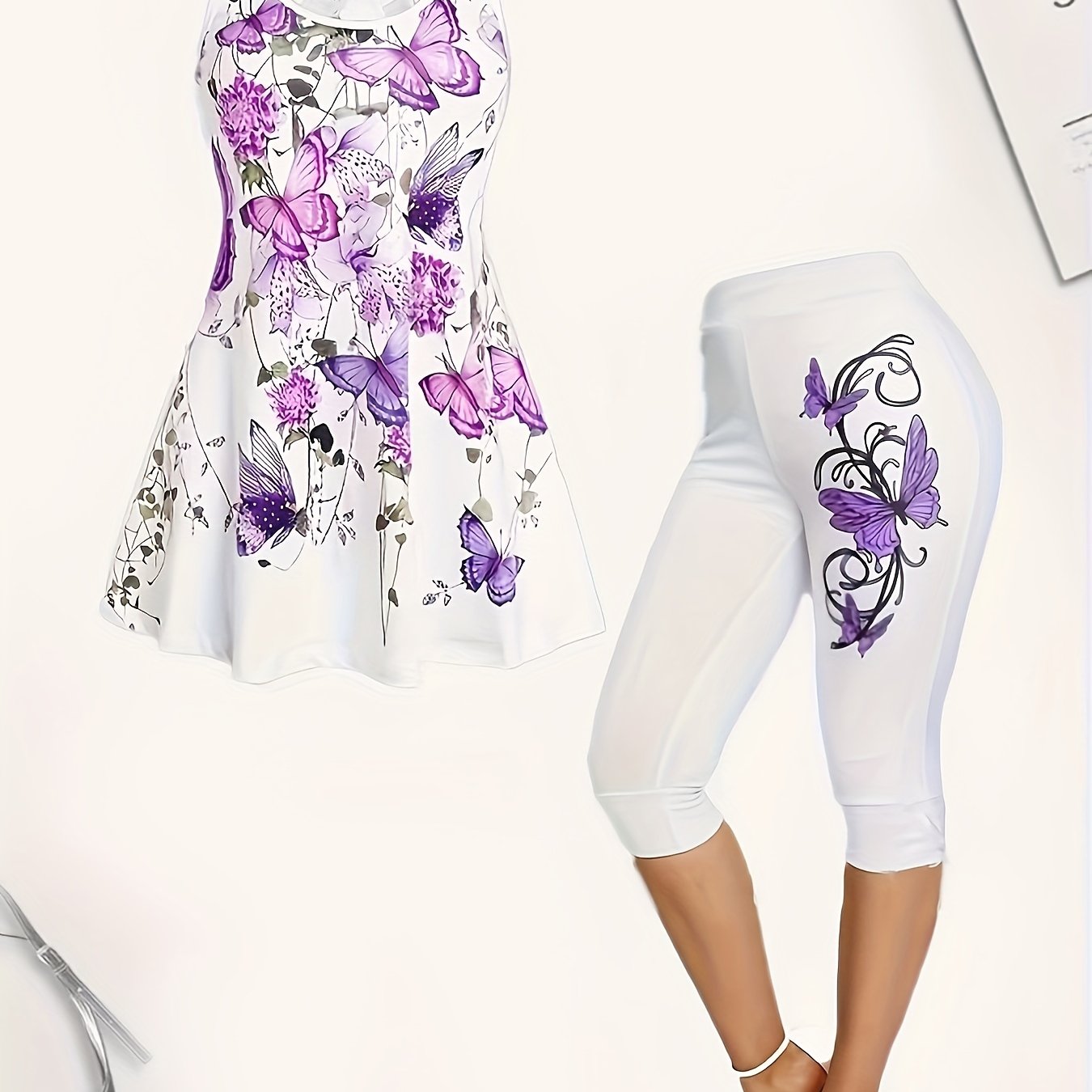Butterflies Print 2 Pieces Set Sleeveless Tops & Leggings Set