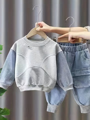 Boys Block Sweatshirt & Elastic Waist Jeans Street Style Casual Kids Clothes