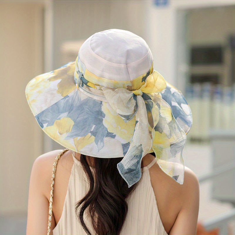 Flower Print Foldable Sun Hat Ribbon Bowknot Decor Bucket Hat UV Protection