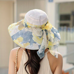 Flower Print Foldable Sun Hat Ribbon Bowknot Decor Bucket Hat UV Protection