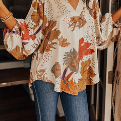 Plus Floral Print Lantern Sleeve V Neck Tunic Top
