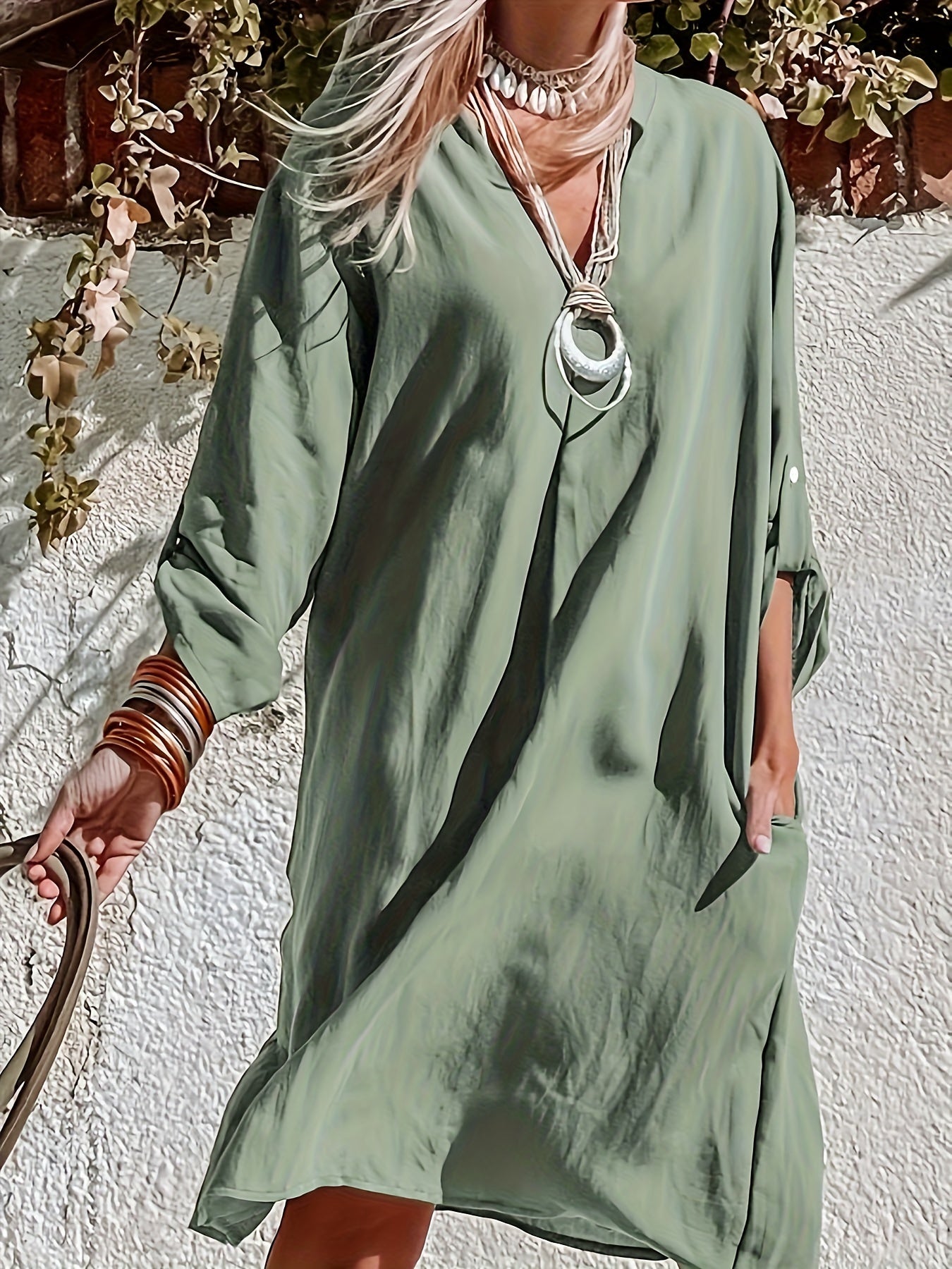  Solid Long Sleeve V Neck Dress With Pockets
