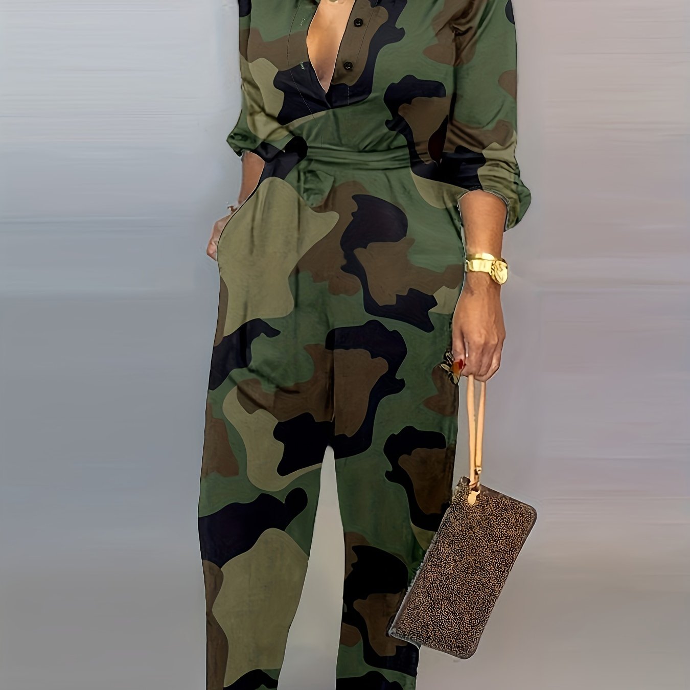 Camouflage Wide Leg Jumpsuit with Pockets