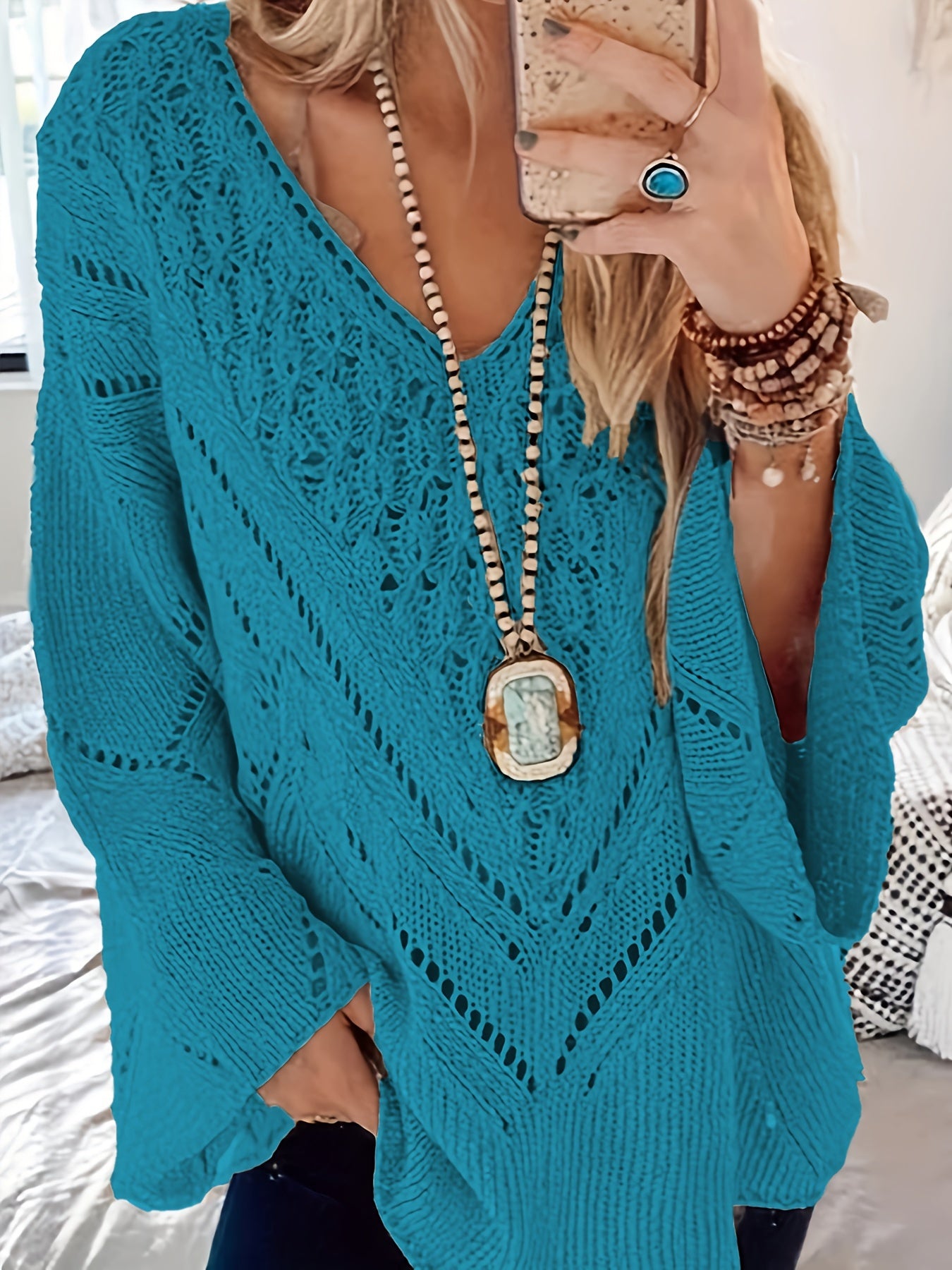 V Neck Hollow Out Solid Knit Sweater Long Sleeve