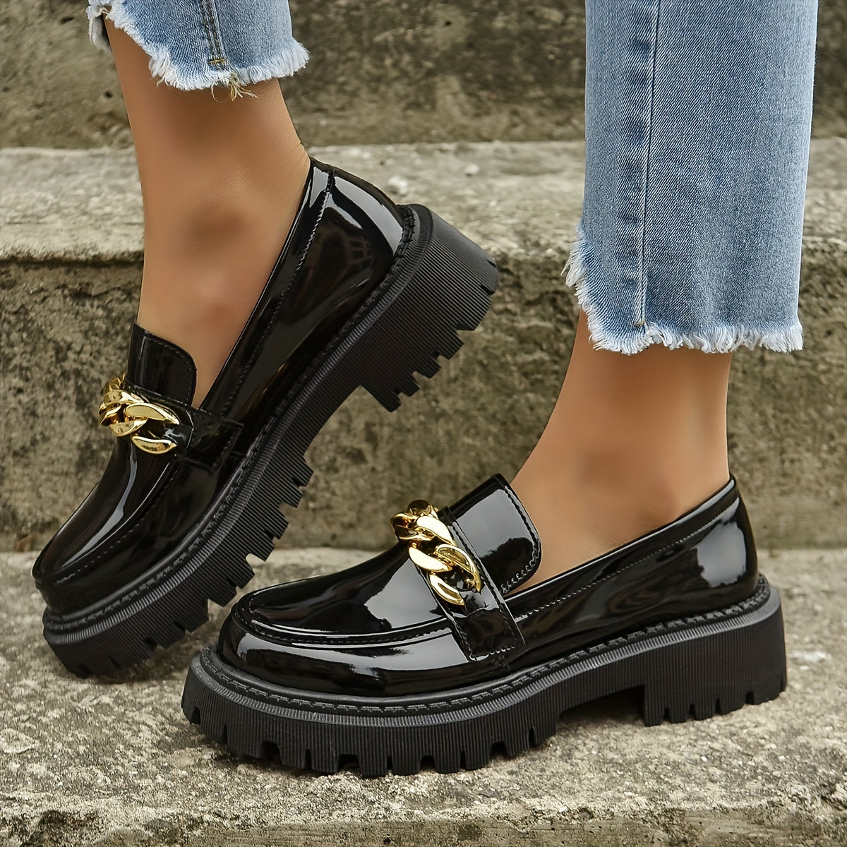 Women's Chain Decor Chunky Heel Loafers Slip On Faux Leather Shoes
