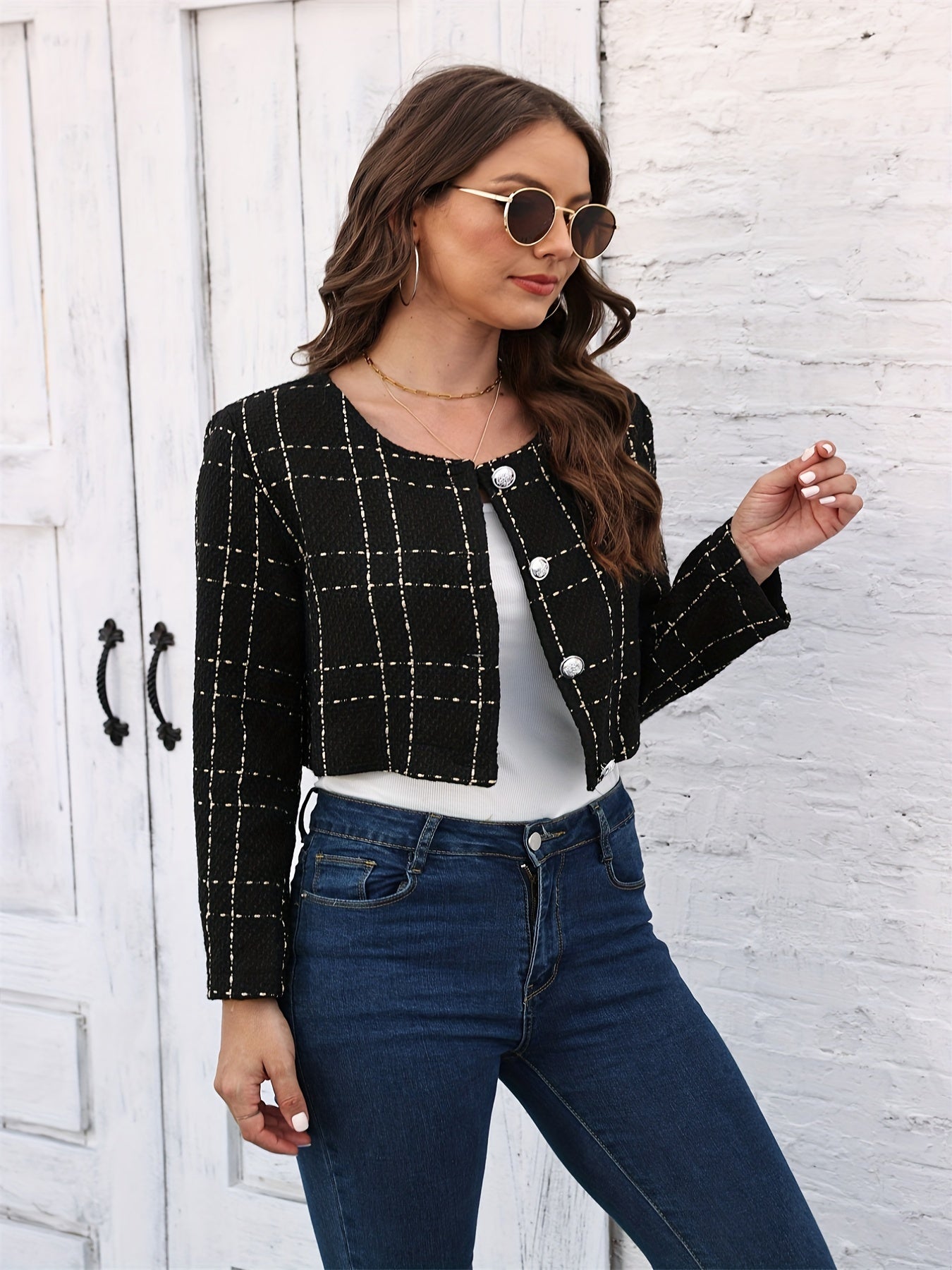 Plaid Print Button Front Jacket for Women