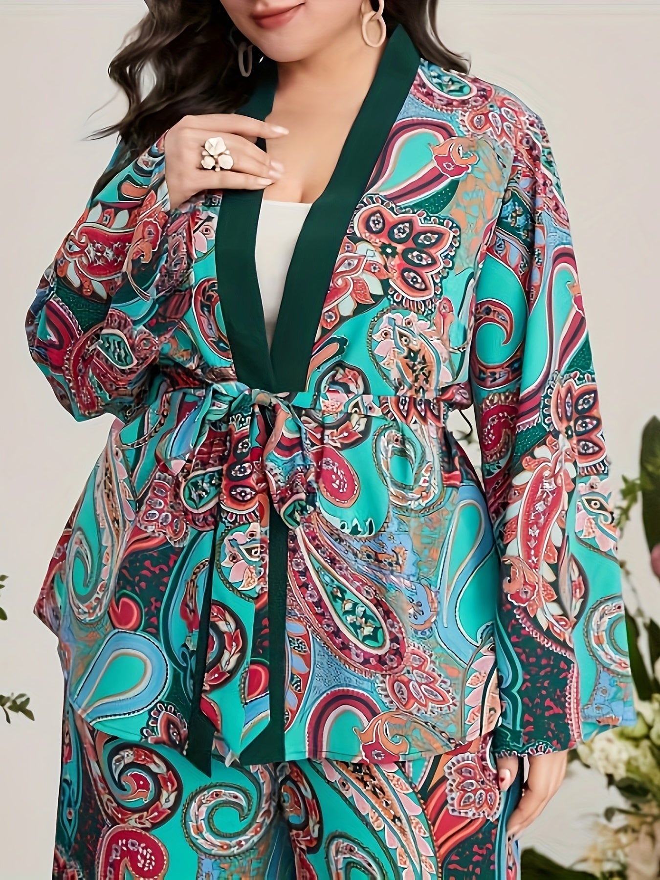 Women's Plus Paisley Print Long Sleeve Cardigan & Wide Leg Pants 2 Piece Set
