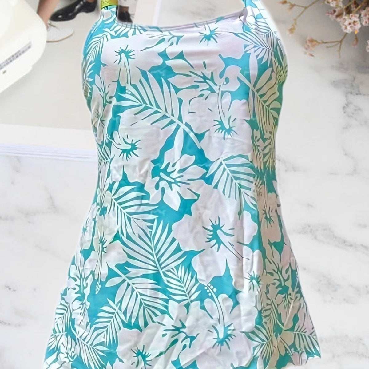Floral Print Round Neck Tankini Sets High Cut Beachwear Two Pieces Swimsuit