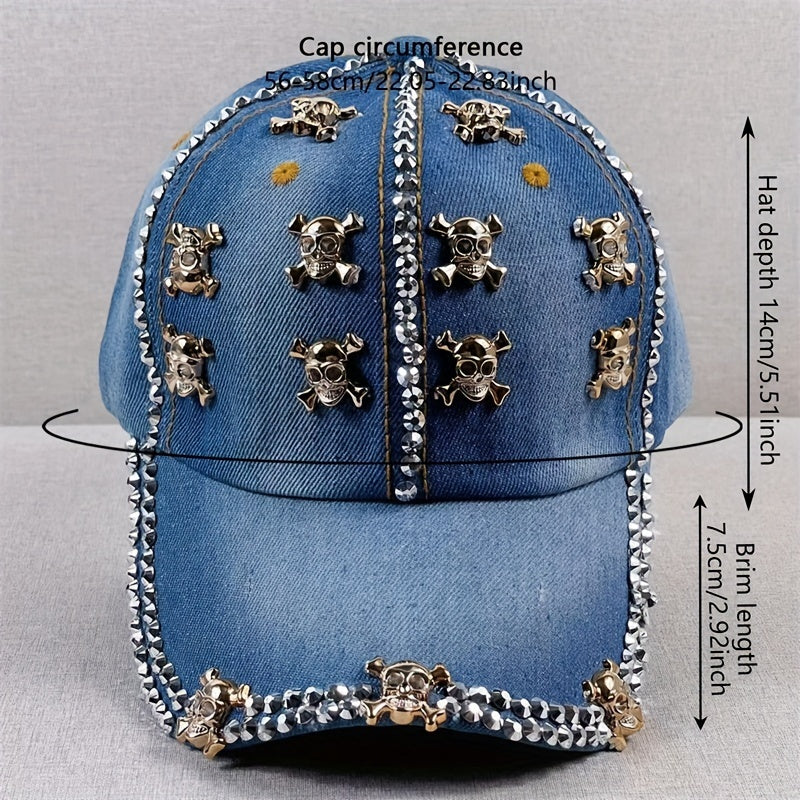 Skull Rivet Decor Baseball Cap Y2K Washed Denim Sun Hat Casual Dad Hats
