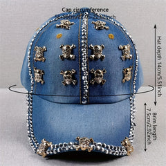 Skull Rivet Decor Baseball Cap Y2K Washed Denim Sun Hat Casual Dad Hats