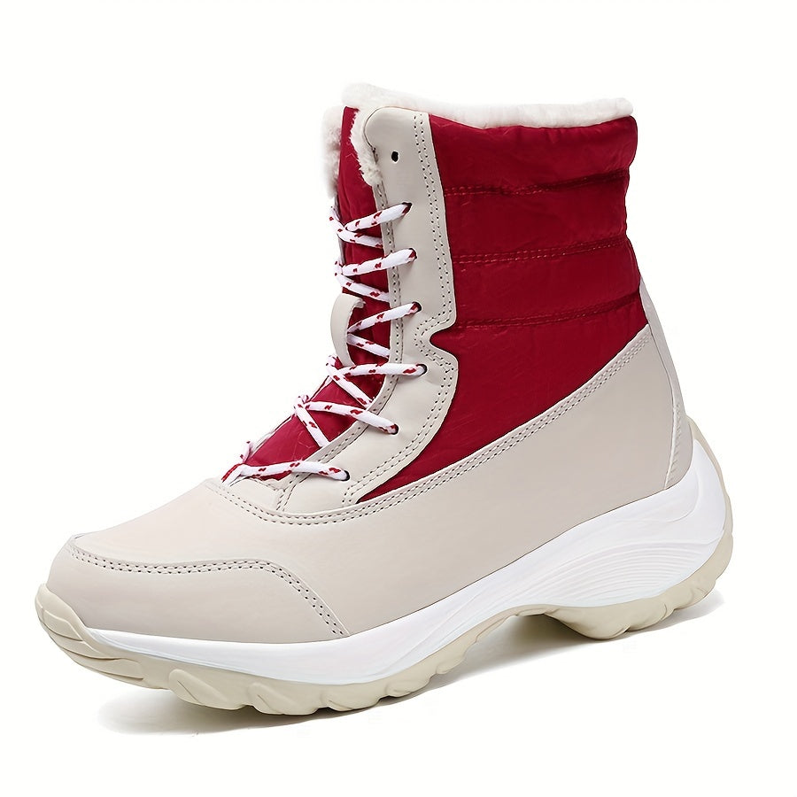 Women's Faux Fur Snow Boots Waterproof Anti-slip Lace-up Warm Mid Calf