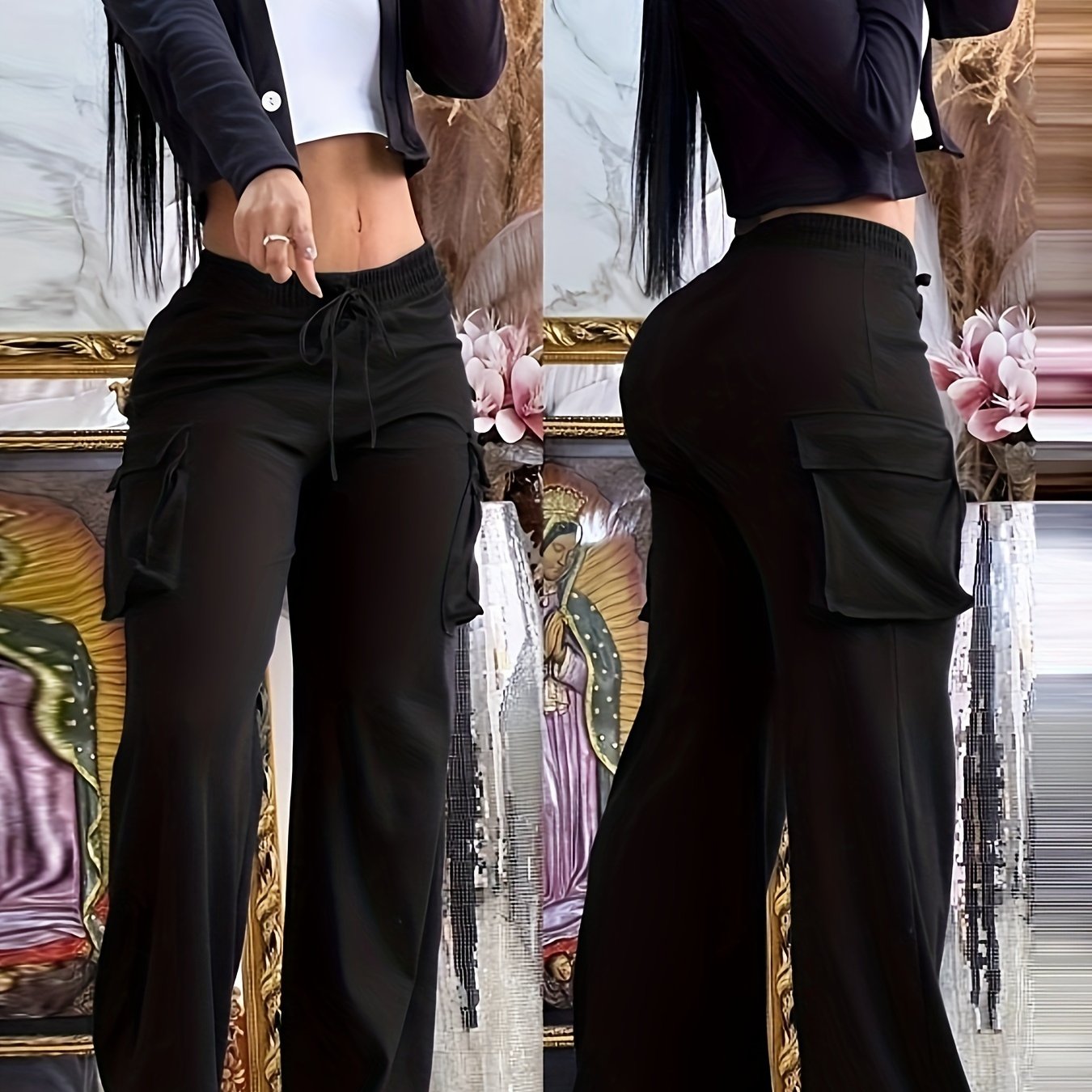  Solid Wide Leg Cargo Pants