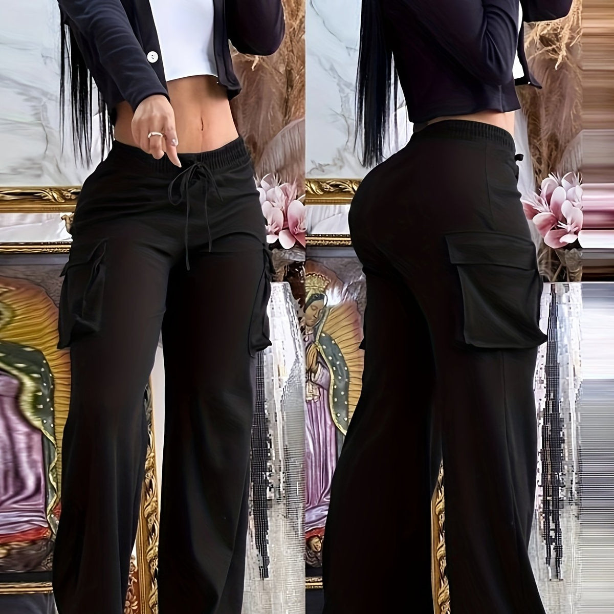  Solid Wide Leg Cargo Pants