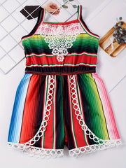Toddler Girls Colorful Striped Graphic Lace Trim Cami Rompers Jumpsuits