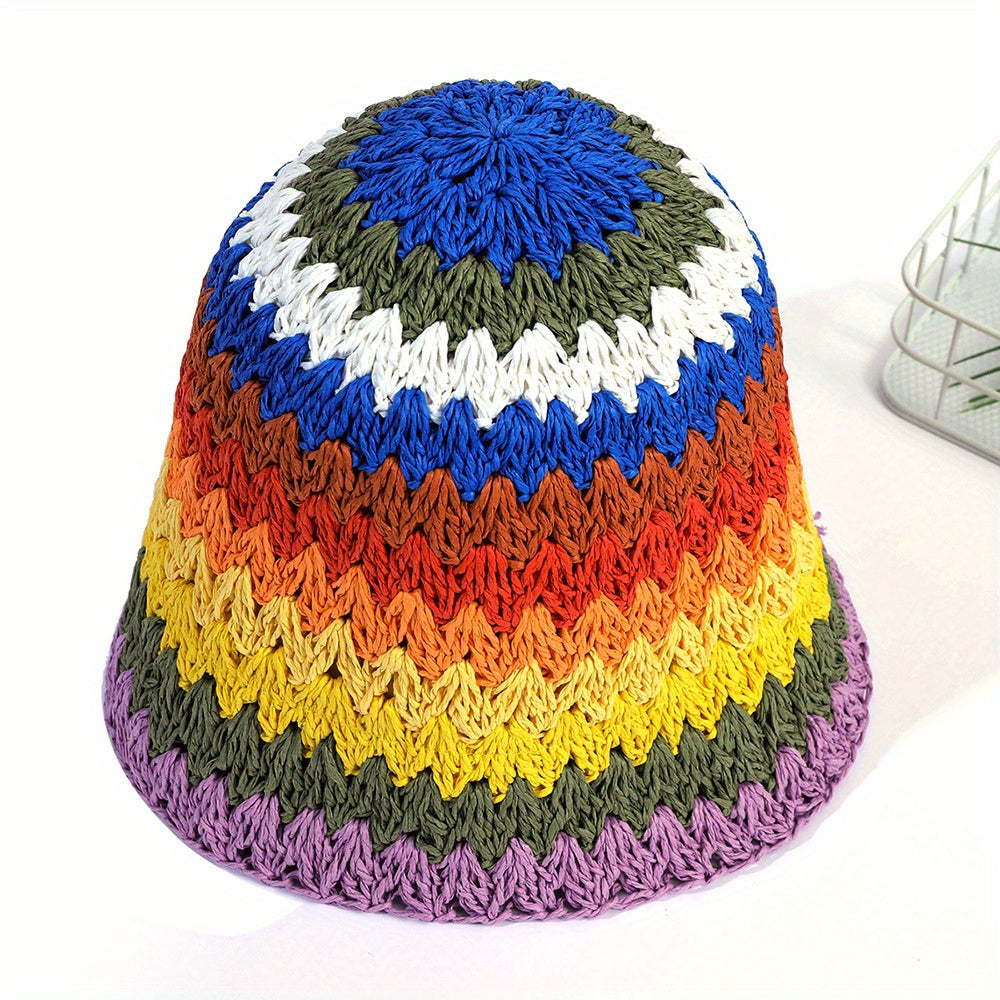 Striped Crochet Beanie Colorful Straw Cloche Hats Sun Shade Bucket Hats