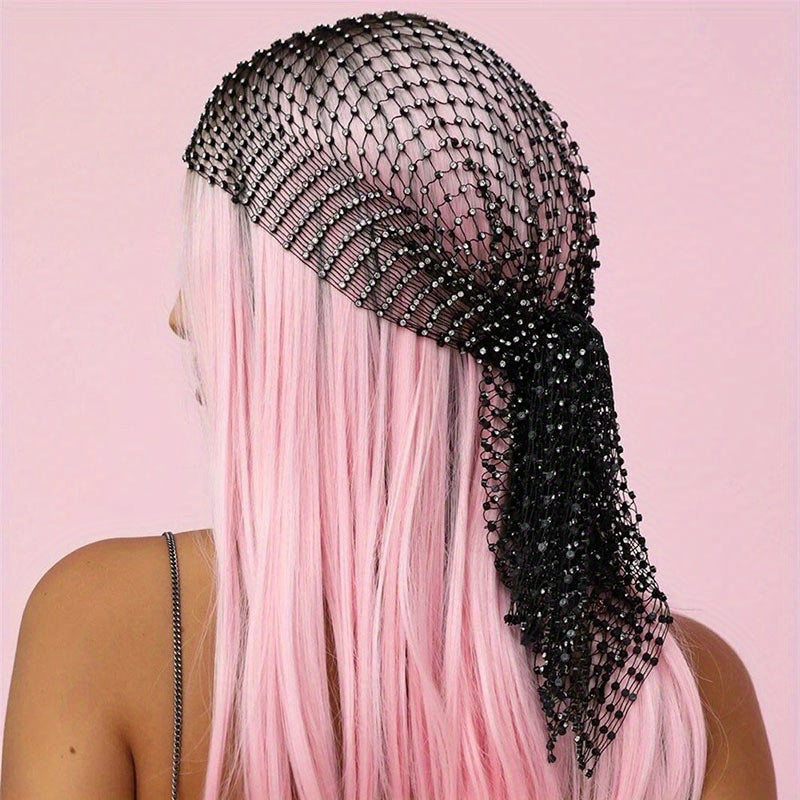 Rhinestone Mesh Headband Bandana Fishnet Wide Hairband Bling Veil Hat