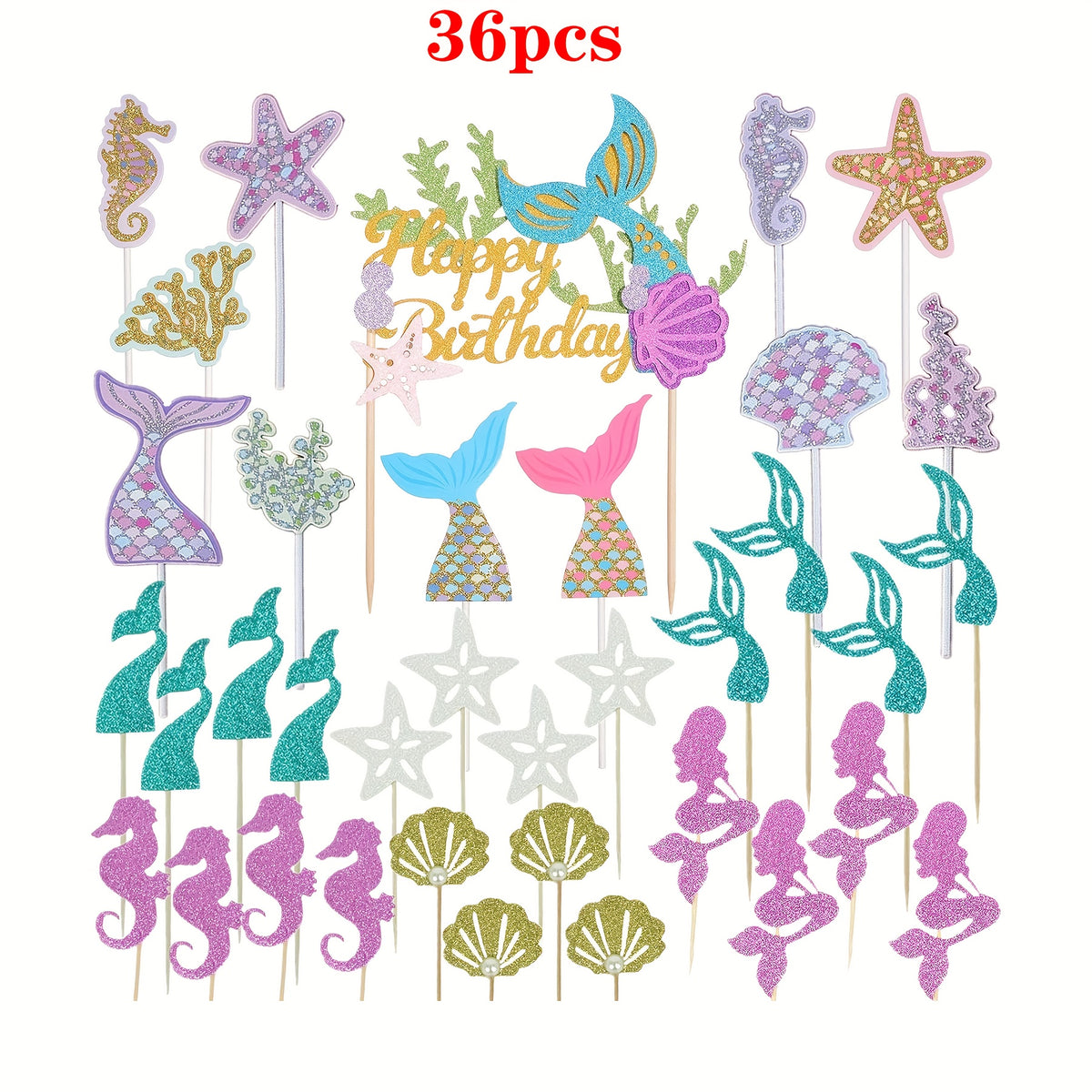 36pcs Glitter Mermaid Birthday Cake Topper Under the Sea Party Supplies