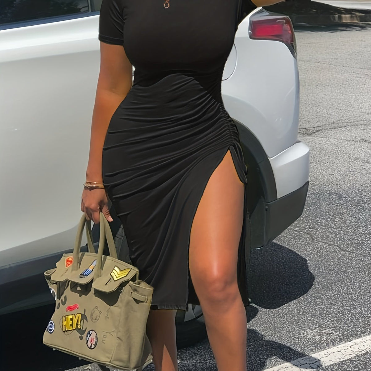  Casual Dress Solid Short Sleeve Round Neck Ruched Drawstring