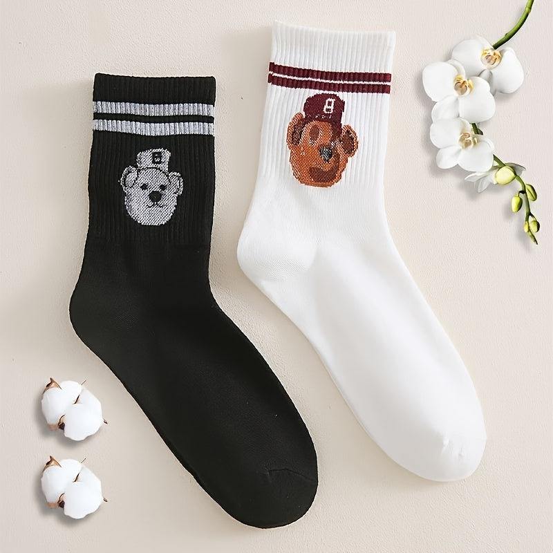 2 Pairs Cartoon Bear Print & Striped Crew Socks Women's Stockings
