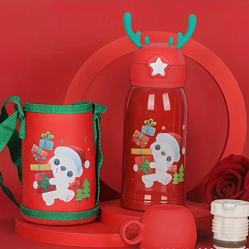 Christmas Deer Insulated Water Cup 500ml Cartoon Leakproof Straw Cup
