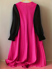  Colorblock Ribbed Lantern Sleeve Knee Length Dress