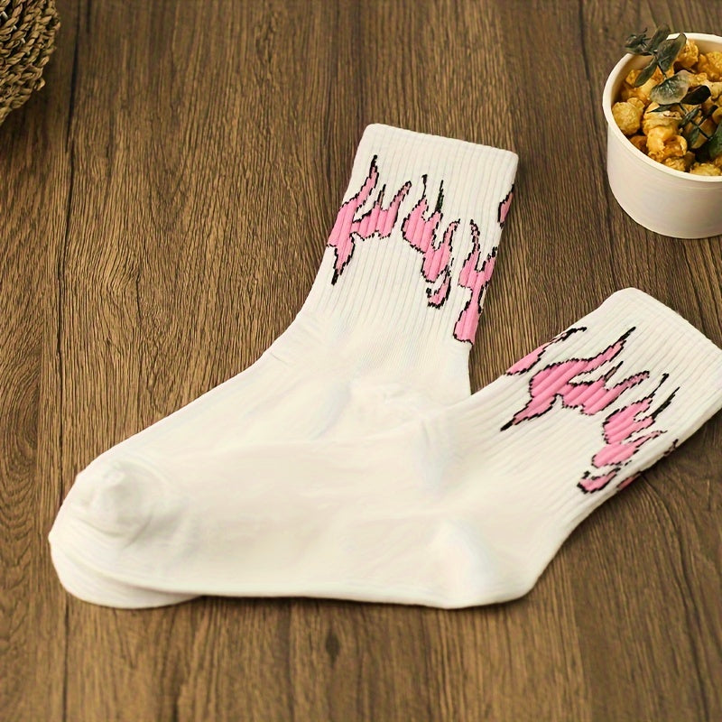 Cartoon Flame Print Socks Comfy Mid Tube Women's Stockings