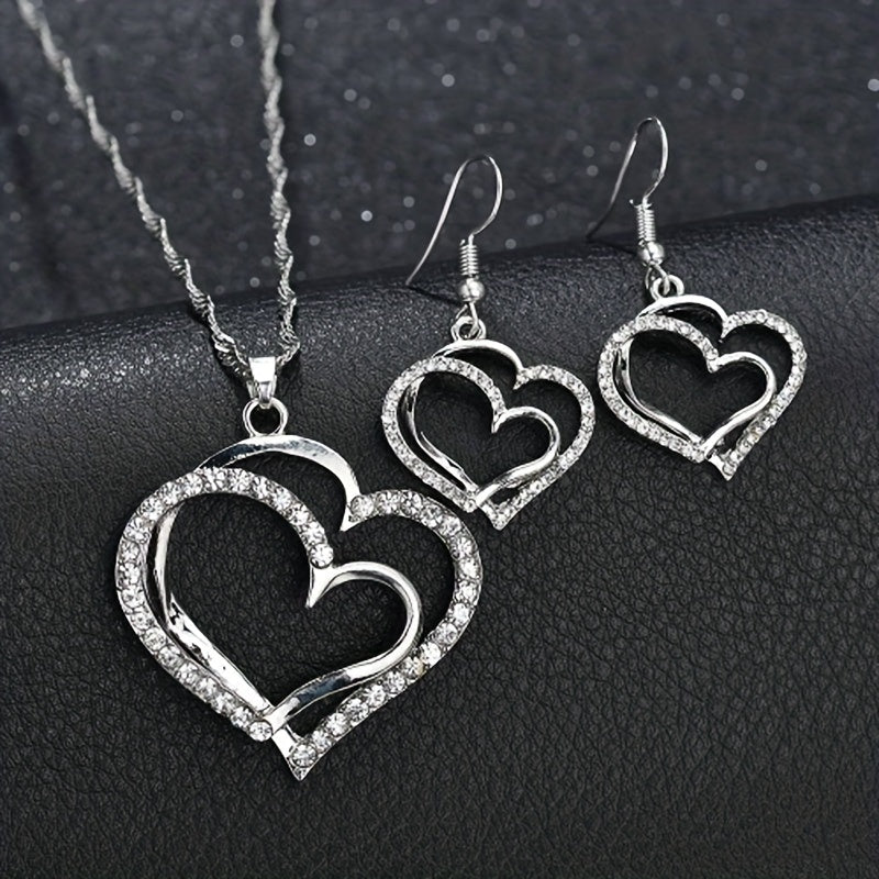 Double Heart Necklace Earrings Bracelet Set Romantic