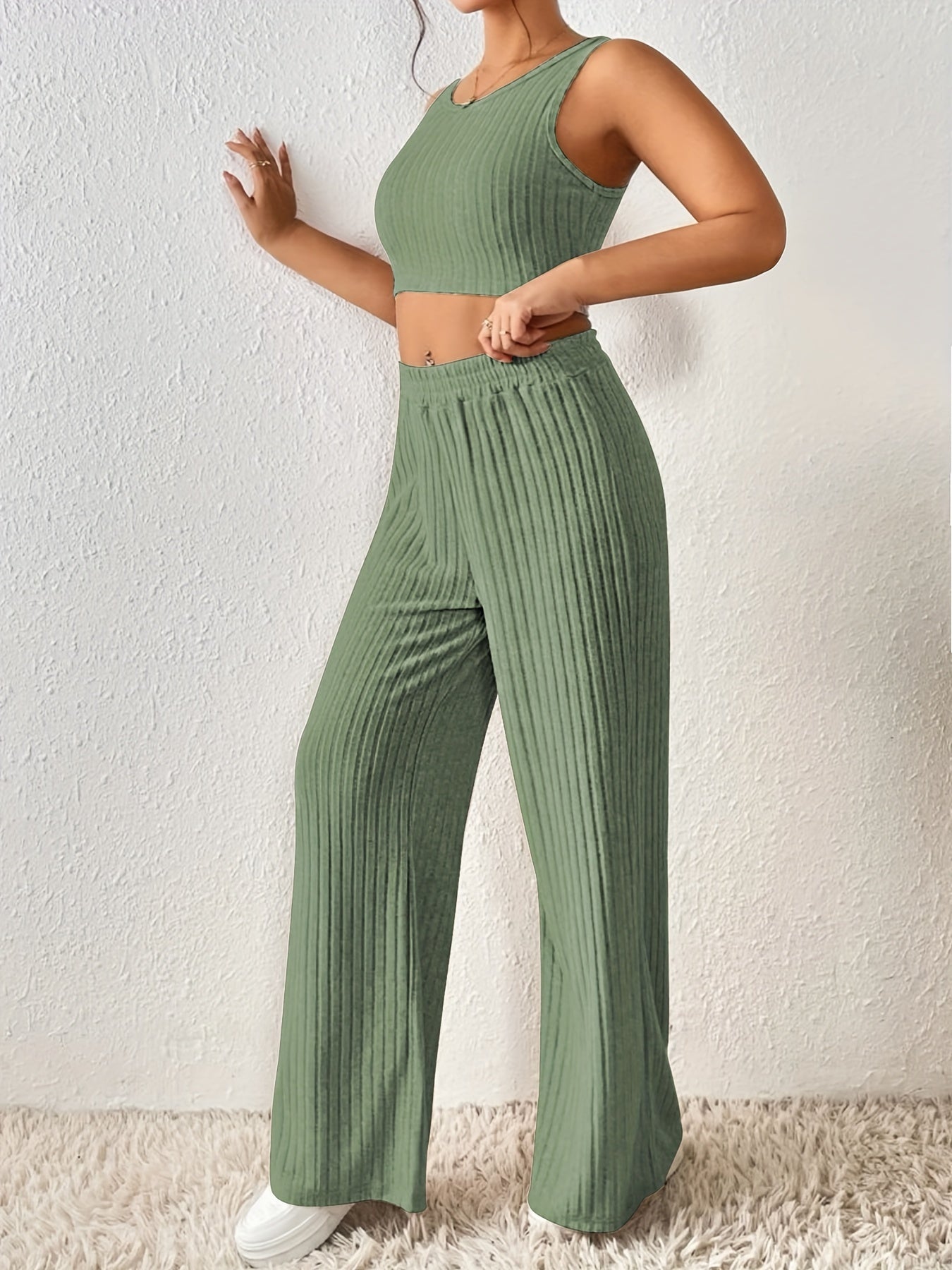 Women's Plus Ribbed Crop Tank & Wide Leg Pants Set
