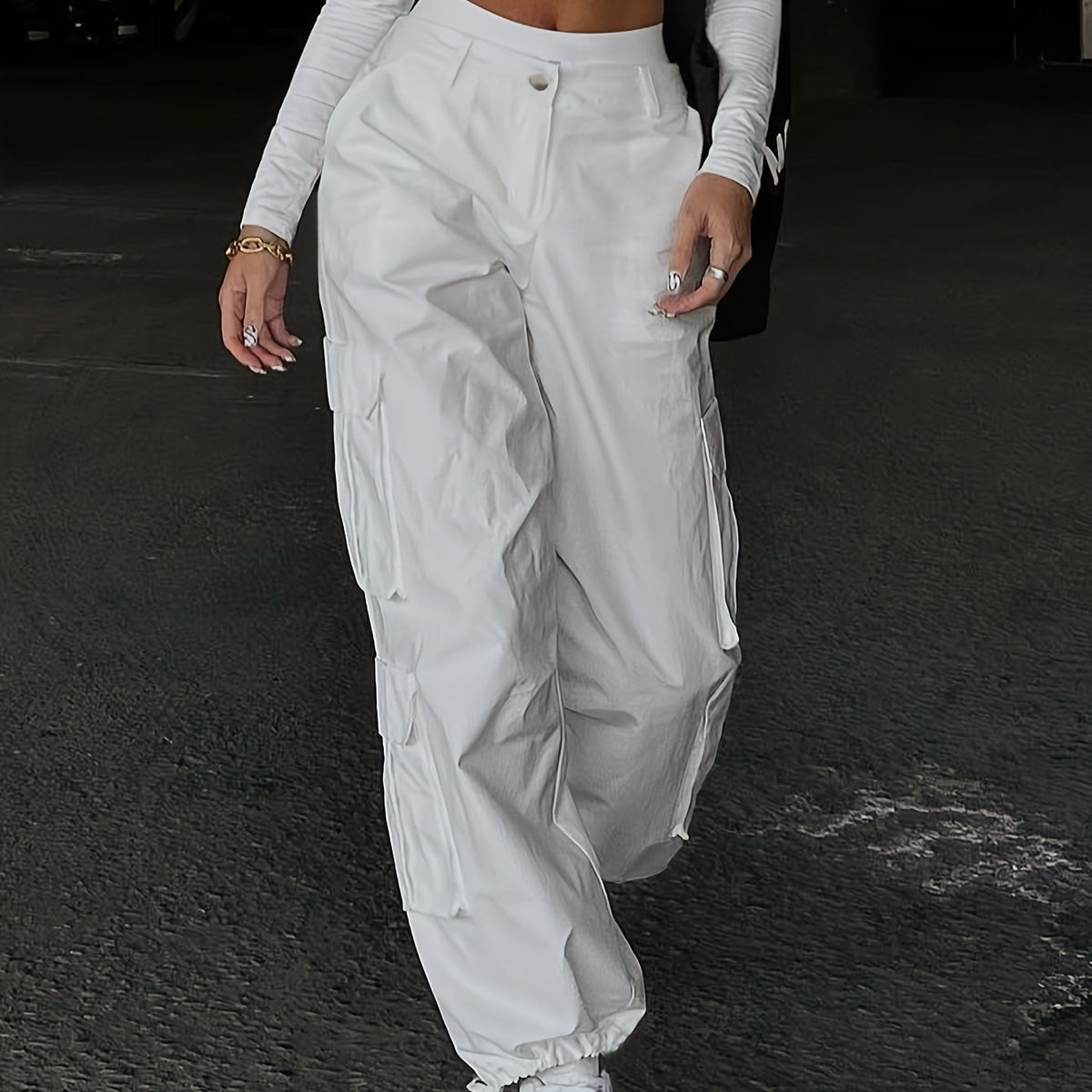 Solid Color Loose Cargo Pants with Elastic Waist