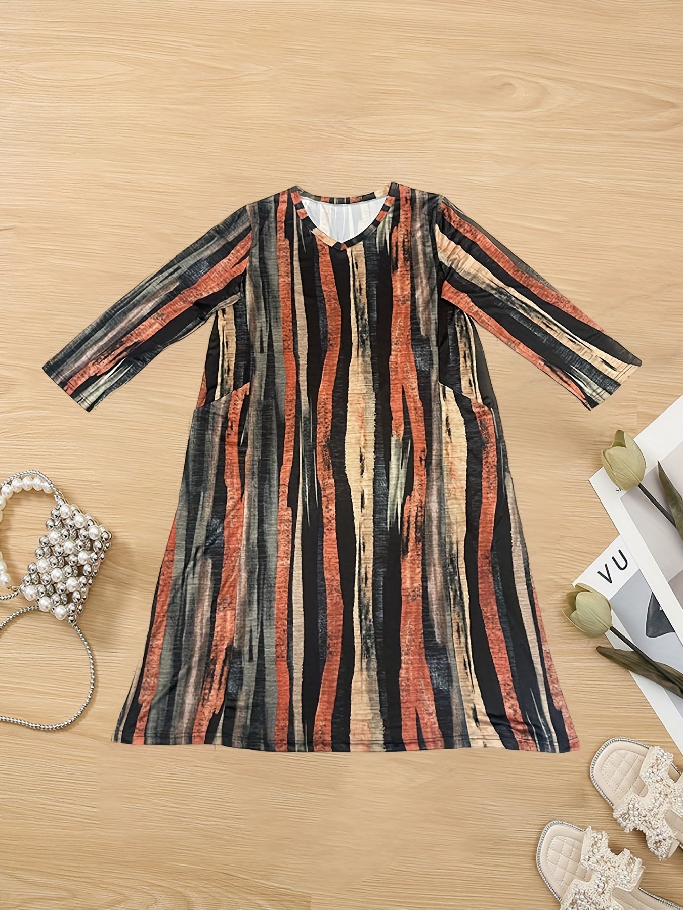  Brush Print Long Sleeve Maxi Dress With Pockets