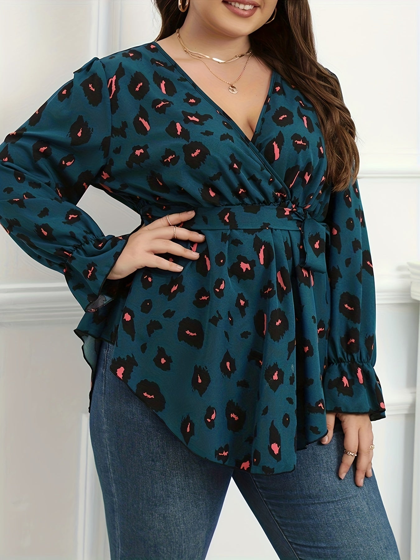  Leopard Print Flounce Sleeve V Neck Peplum Top
