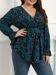  Leopard Print Flounce Sleeve V Neck Peplum Top