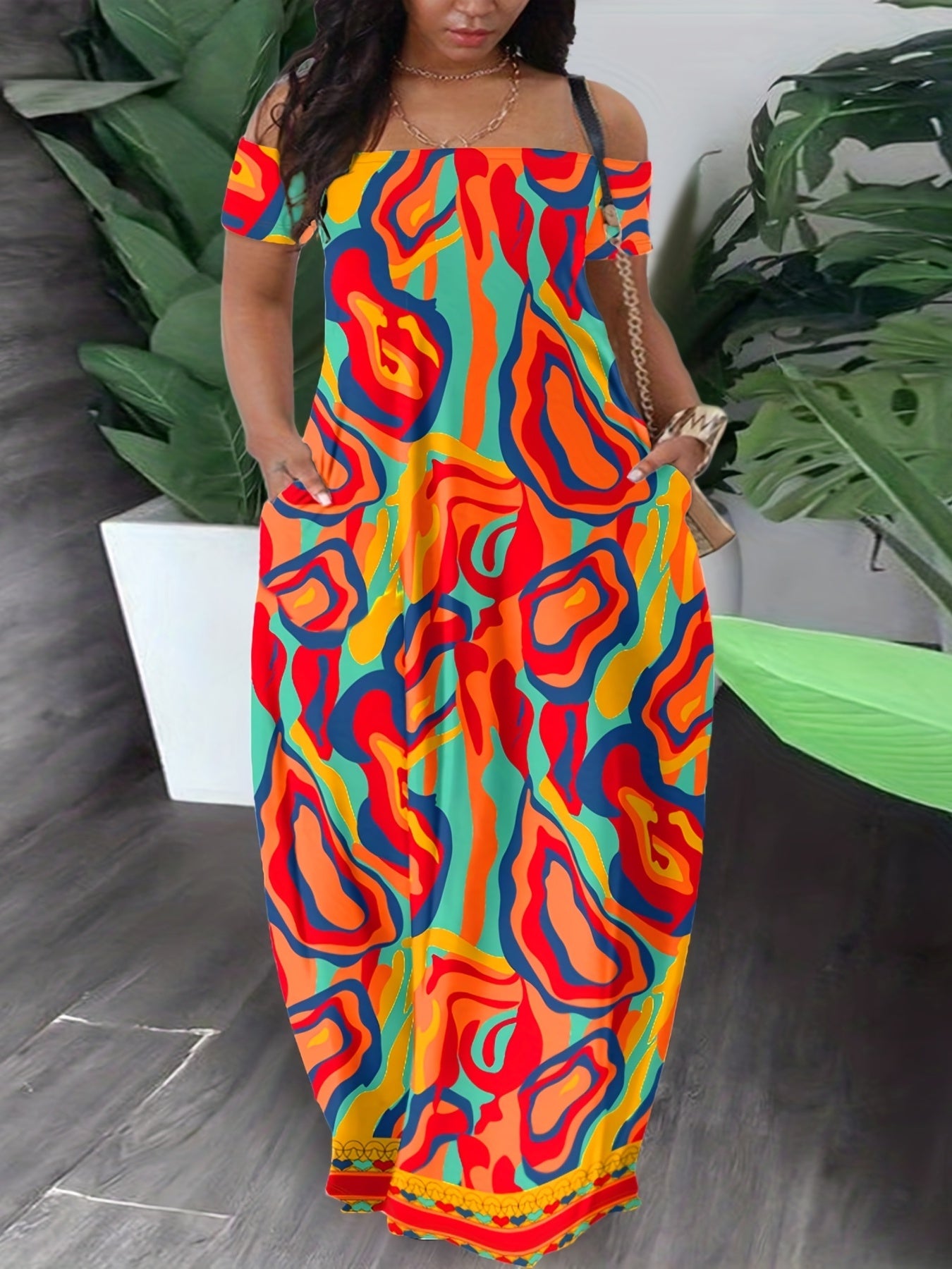 Women's Plus Colorblock Abstract Print Off Shoulder Maxi Dress With Pockets