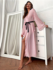 Striped Mesh Night Robe V Neck Robe With Belt Women's Lingerie
