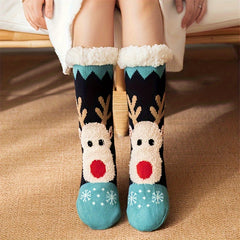 Christmas Elk Pattern Socks Warm Plush Lined Home Socks Women's Stockings