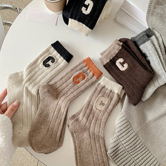 3 Pairs Letter Pattern Colorblock Socks Soft Mid Tube Women's Stockings
