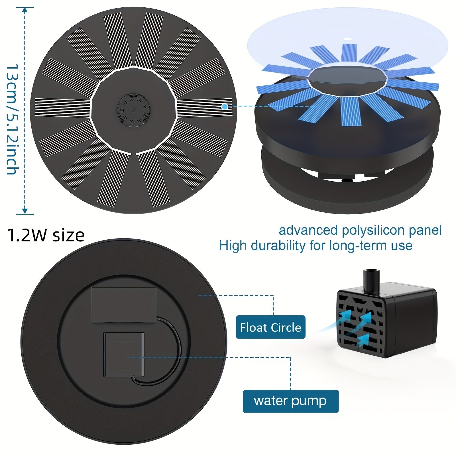 5W Solar Fountain Pump with 6 Nozzles for Bird Baths Ponds Gardens Fish Tanks