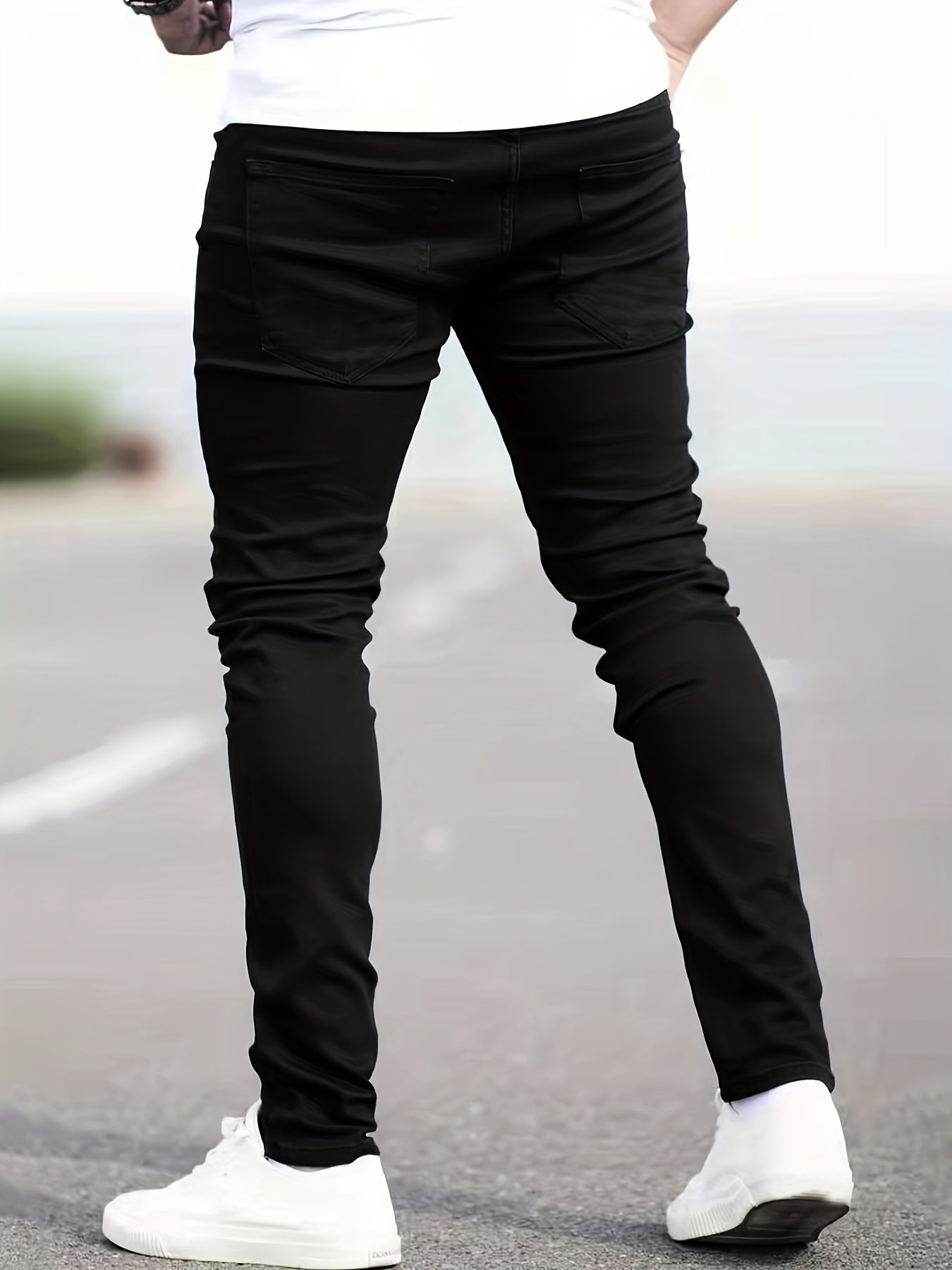 Men's Slim Fit Cotton Jeans, Solid Mid Stretch Denim Pants