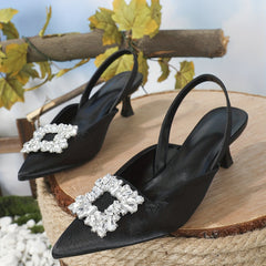Rhinestone Kitten Heel Pointed Toe Slingback Pumps