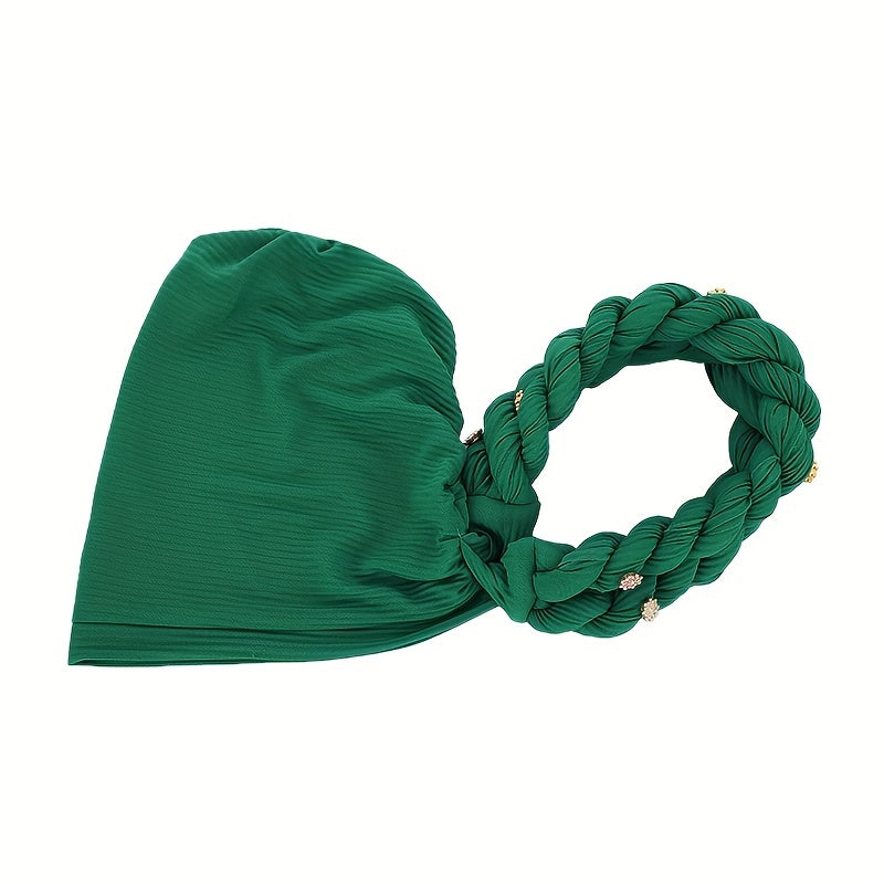 Green Twisted Braided Turban Cap Head Wrap Elastic Hijab Women Chemo Hats