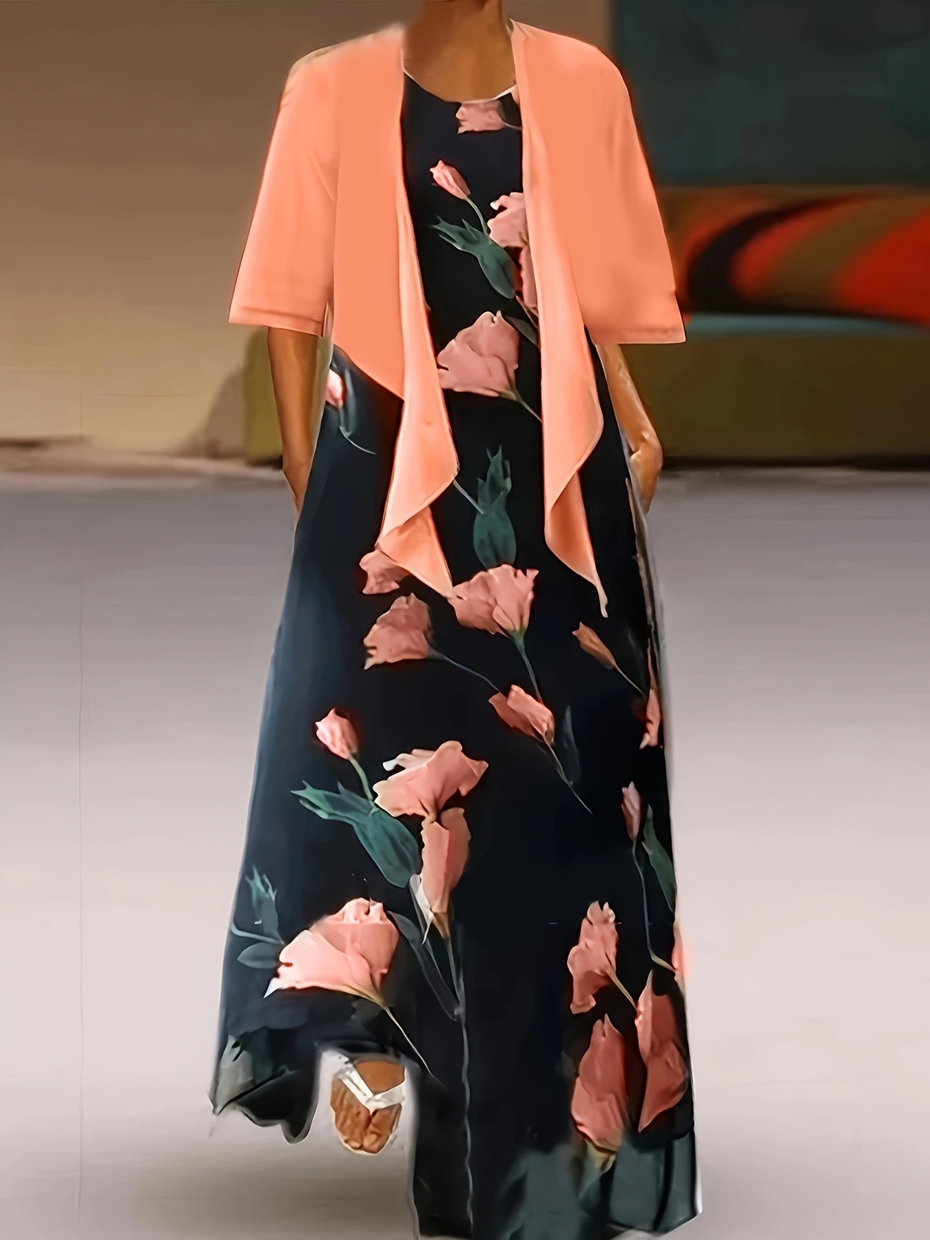 Casual Two Piece Set Open Front Tops & Floral Print Maxi Dress