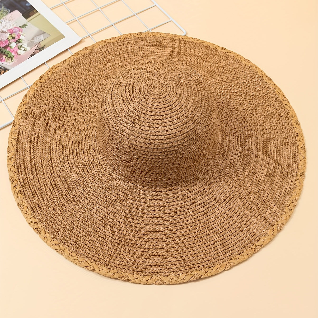 Khaki Wide Brim Sun Hat Straw Hat Floppy Sunscreen UV Protection
