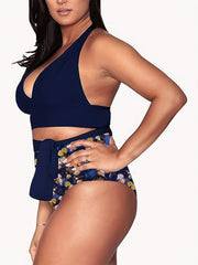  Vacay Bikini Set Solid V Neck Backless Halter & High Waisted Panty Swi