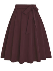  Casual Skirt Solid Elastic Bow Knot A-line Belted Skirt