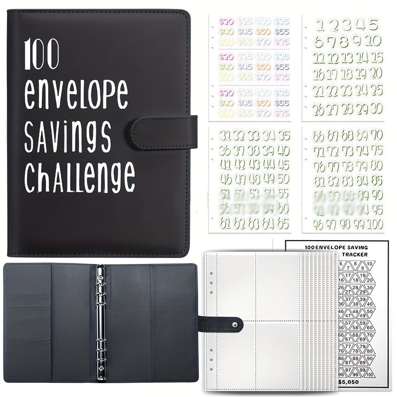 A5 PU Leather 100 Envelopes Challenge Binder Book Cash Envelope Budget Planner